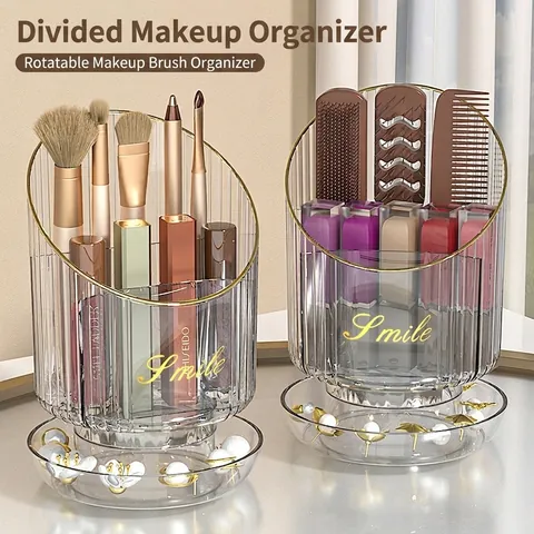 Rotating Makeup Brush Holder Transparent Plastic Cosmetic Organizer Gold Trim Partitioned Desktop Storage For Brushes