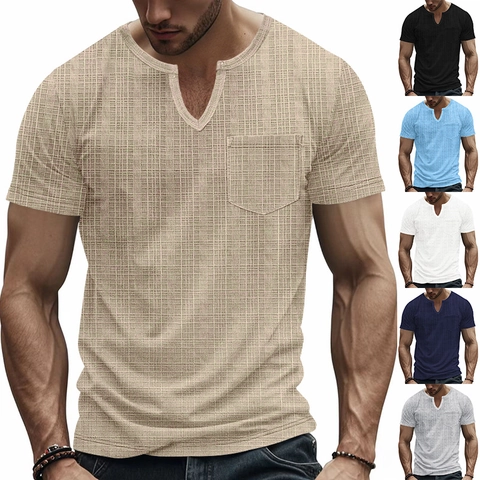 Men T-Shirt Polyester Jacquard Waffle Texture V Neck Short Sleeve Breathable Casual Henley Top With Chest Pocket