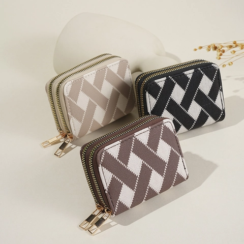 Porte Cartes Double Fermeture Éclair Motif Losanges Tissu Cuir PU Multi Fentes Style Accordéon Porte Monnaie Femmes