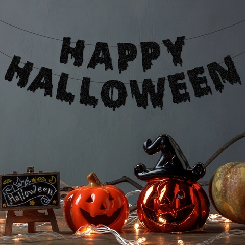 Banner Happy Halloween Glitter Nero Decorazioni Appese Spirale Zucca Pipistrello Fantasma Casa Stregata Accessori Festa Horror