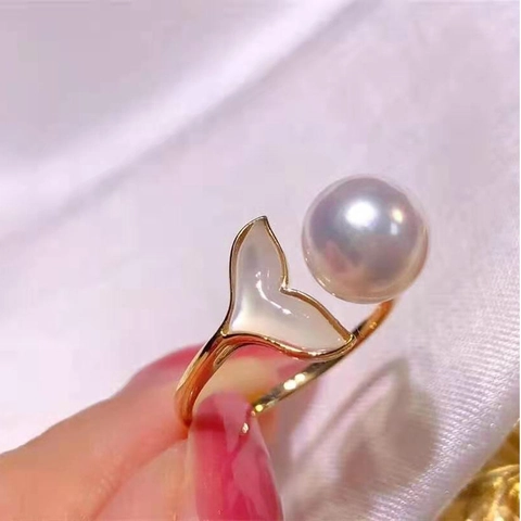 Elegant Freshwater Pearl Fish Tail Open Ring For Women Alloy Gold Plated Mother Of Pearl Inlaid Adjustable Fashion Jewelry