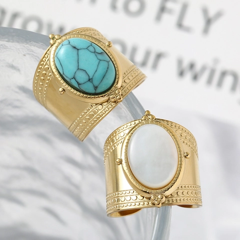 Bohemian Wide Band Adjustable Ring For Women Stainless Steel Natural Turquoise White Mother Of Artificial Pearl Vintage Jewelry