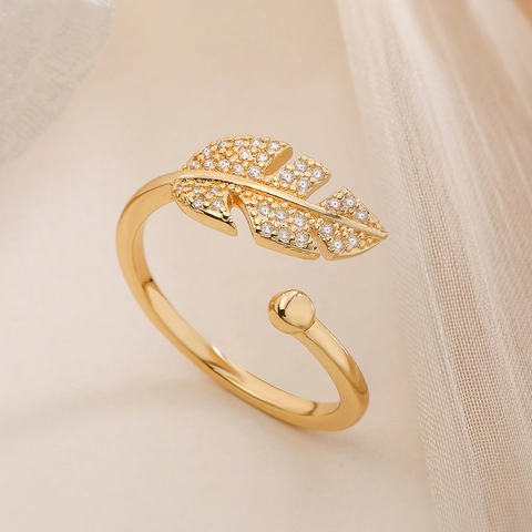 Minimalist Kupfer 18K Vergoldet Zirkonia Herz Blatt Offen Verstellbarer Ring Mode Nischenluxus Schmuck Für Damen Geschenk