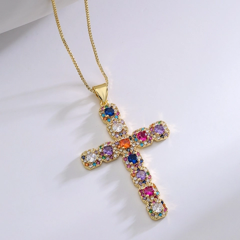 Kreuz Anhänger Halskette Kupfer Vergoldet Regenbogen Zirkonia Geometrischer Schmuck Für Damen Leicht Luxus Stil