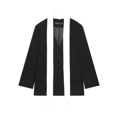 Chaqueta Blazer De Mujer Color Contraste Con Bufanda Blanca Lazo Monobotonadura Manga Larga Elegante Oficina
