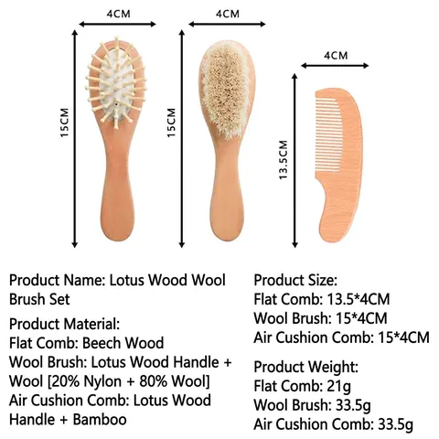 Spazzola E Pettine Per Capelli Da Neonato Lana Naturale Setole Morbide Schima Superba Legno Di Faggio Massaggio