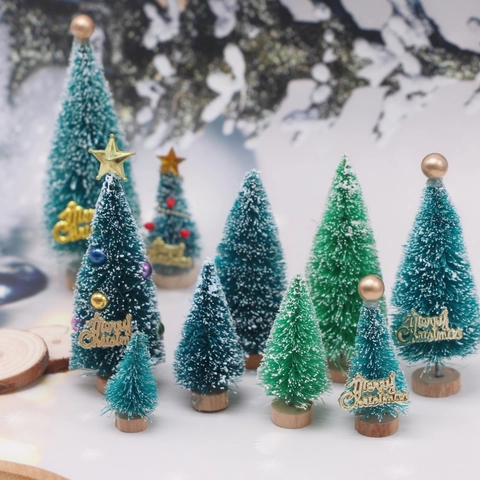 Albero Di Natale Miniatura Spazzola Sisal Raso Neve Floccata Base Legno Decorazione Tavolo Ornamento