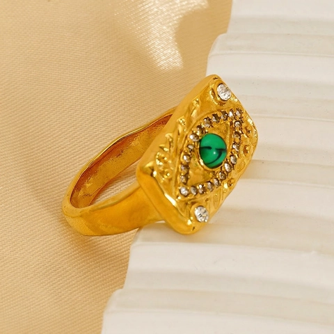 Vintage Evil Eye Ring Stainless Steel 18K Gold Plated Rectangle Green Malachite Zirconia Retro Jewelry For Women