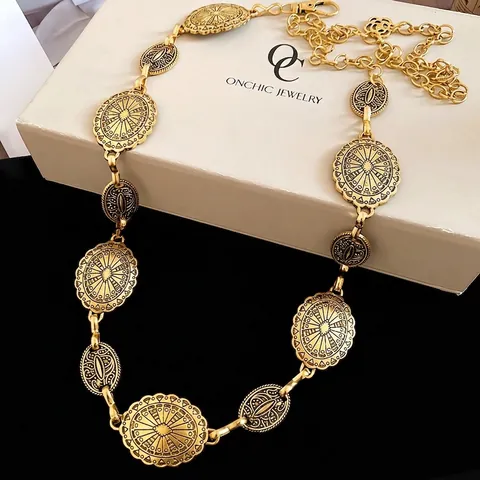 Cintura Catena Metallo Vintage Lega Rilievo Medaglia Vita Regolabile Collegamento Per Donne Stile Boho Accessorio Oro