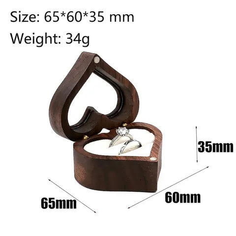 Heart Shaped Jewelry Ring Box Walnut Wood Magnetic Closure For Wedding Proposal Engagement Gift Rustic Elegant Style