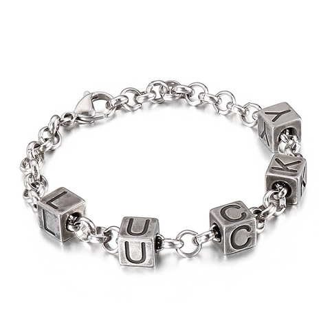 Lucky Buchstaben Quadratische Würfelperle Armband Edelstahl Retro Hip Hop Geometrische Gliederkette Schmuck