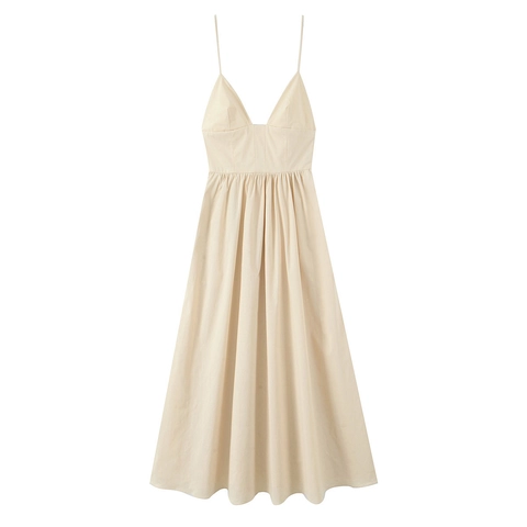 Vestido Midi Elegante De Tirantes Finos Para Mujer Poliéster Popelina Cuello En V Profundo Línea A Color Sólido