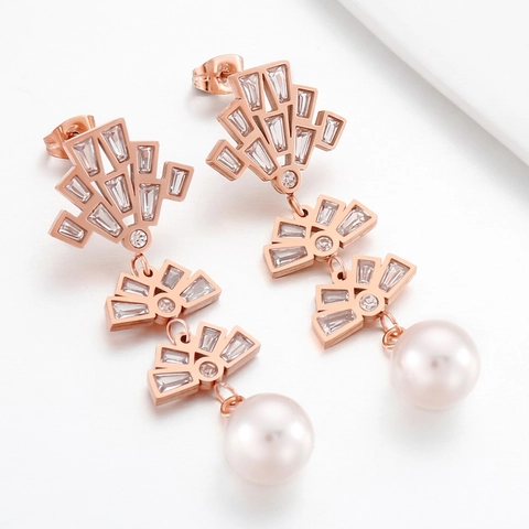 Pendientes Largos Geométricos De Abanico Acero Inoxidable Incrustación Circón Con Perla Artificial Estilo Art Deco Para Mujer