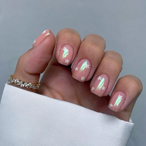 Uñas Postizas A Presión Perla Artificial Aurora Rosa Corto Cuadrado Redondo Flores Blancas Plástico ABS Mujeres Reutilizable