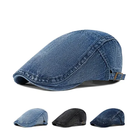 Washed Cotton Denim Flat Cap Retro British Style Newsboy Hat For Women Men Adjustable Painter Beret Cap Duckbill Hat