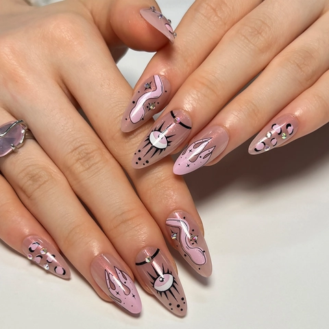 Pink Press-On-Nägel Lange Mandelform Künstliche Nägel Mit Strasssteinen Evil Eye Leopardenmuster Flammen-Design Y2K-Stil