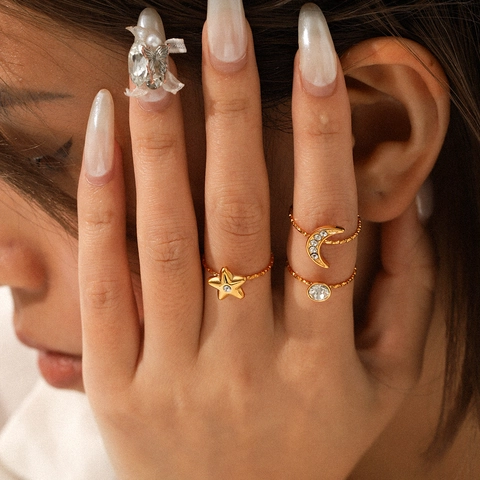Stern Mond Edelstahl Zirkon Ringe Für Frauen Nicht Verblassende Zirkonia Verstellbarer Offener Fingerschmuck Nischen Design