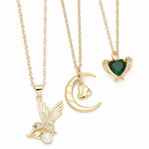 Collana Con Pendente Ottone Placcato Oro Zircone Perla Artificial Imitazione Uccello Luna Cuore Saturno Inciso Mamma Gioielli