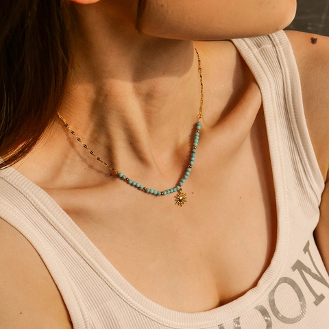 Sun Pendant Necklace Stainless Steel Gold Plated Turquoise Beads Bohemian Style Retro Jewelry For Women