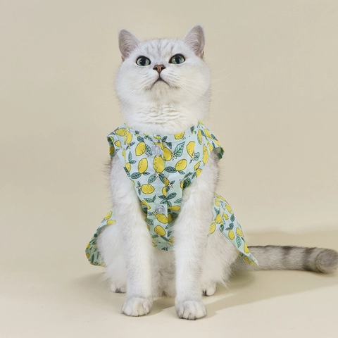 Vestido Para Mascotas Estampado De Limón Algodón Ropa Transpirable Con Lazo Grande Para Perros Pequeños Medianos Gatos Verano