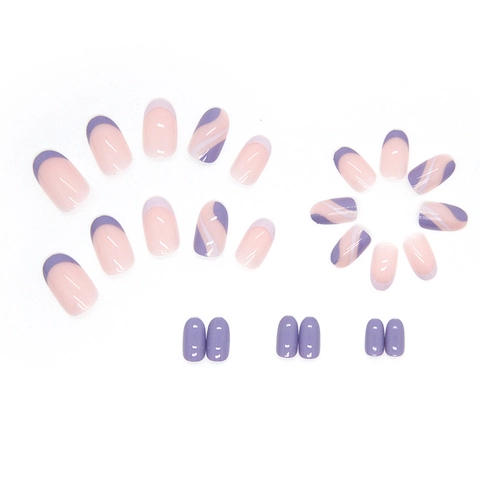Purple Nude Wavy Ripple Press On Nails Short Oval French Tip Wearable Artificial Fake Nails