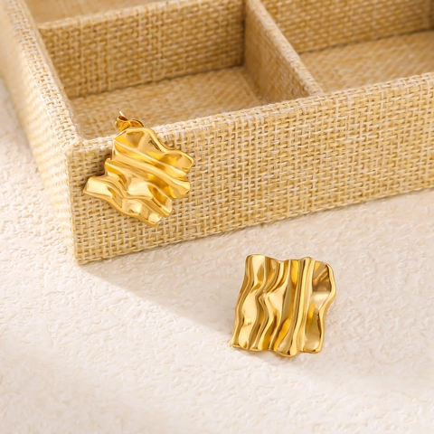 Irregular Square Stud Earrings 18K Gold Plated Stainless Steel Wave Textured Minimalist French Style For Women