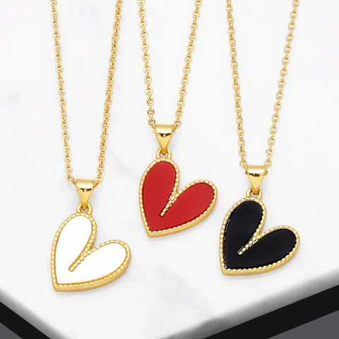 Heart Pendant Necklace Copper Gold Plated Resin Beaded Edge Asymmetric Clavicle Chain Jewelry For Women