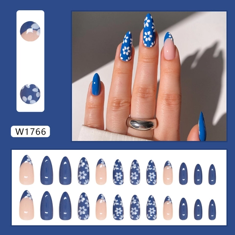 Press On Unghie Blu Klein Design Margherita Bianca Forma Mandorla Plastica ABS Unghie Finte Artificiali Con Colla