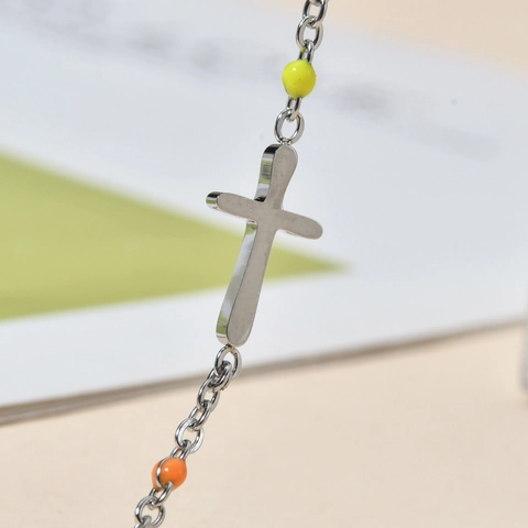 Böhmisches Edelstahl Armband Für Damen Mehrfarbige Emaille Perlen Kreuz Anhänger Retro Handgefertigter Schmuck Verstellbar