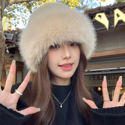 Chapeau Bob En Fausse Fourrure Fait Main Hiver Chaud Moelleux Peluche Tricot Pêcheur Femmes Élégant Extérieur Doux