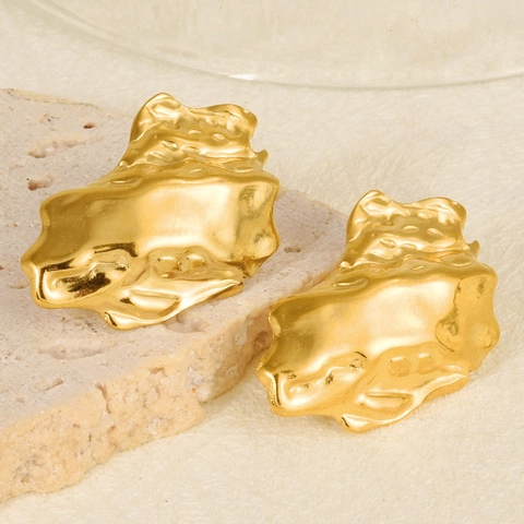 Orecchini a Bottone in Acciaio Inossidabile 304 Texture Lava Irregolare Per Donna Placcati Oro 18K Gioielli Punk Hip Hop