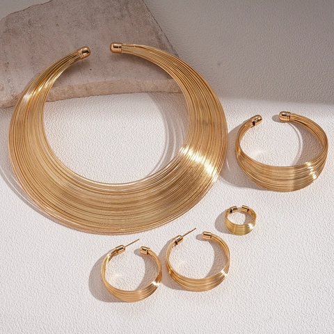 Alloy Multi Layer Geometric Circle Choker Necklace And Earrings And Bracelet And Ring Statement Fashion For Women