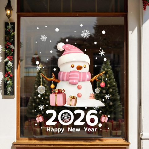 Cute Pink Snowman Window Stickers 2026 New Year 3D Static Cling Decals Glue Free PVC Double Sided Festive Glass Decor