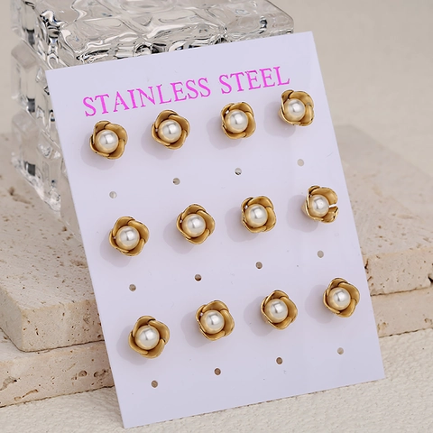 Pendientes de Botón de Rosa de Acero Inoxidable Retro Francés Exquisito Con Perla Artificial Elegantes Pendientes de Oro Plata Joyería de San Valentín Mujer