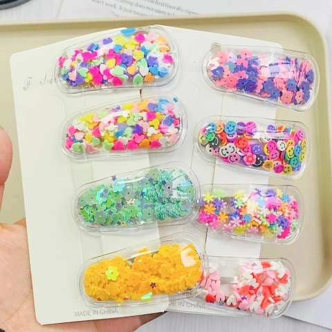 Pinzas Para El Pelo Trasparentes Para Niños Con Lentejuelas De Colores Formas Corazón Estrella Flor Pasadores BB Lindos Para Niñas