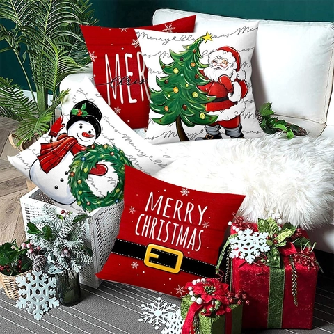 Weihnachts Kissenbezüge Weiches Polyester Cartoon Weihnachtsmann Schneemann Druck Frohe Weihnachten Deko Kissenhüllen