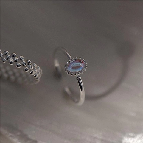 Adjustable Ring 925 Sterling Silver With Oval Moonstone And Beaded Band Minimalist Vintage Jewelry For Women