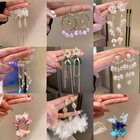 Pendientes Colgantes Flores Perlas Artificiales Borlas Largas Cobre Silver Earring Post Mariposa Resina Tela Joyería Moda Elegante