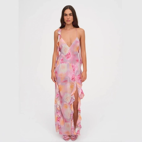 Abito Lungo Donna Stampa Floreale Rose Rosa Volant Senza Schiena Spalline Sottili Scollo A V Spacco Alto Sexy Vacanza Poliestere
