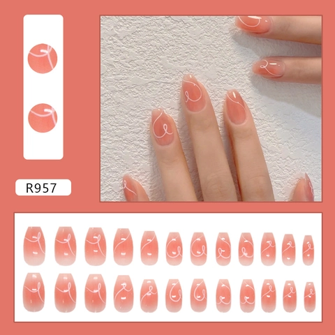 Unghie Finte Press On Rosa Sfumato Effetto Blush Linee Bianche Dipinte A Mano Lucido ABS Forma Coffin