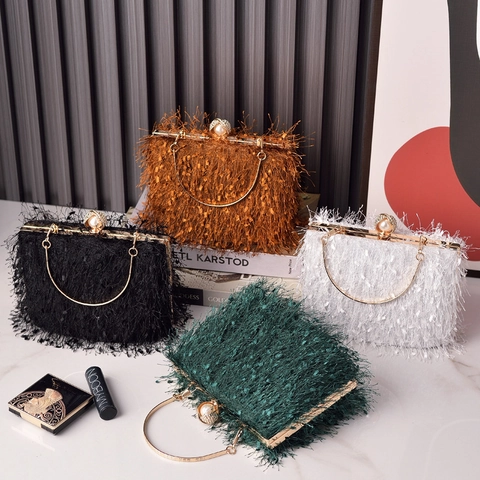 Elegant Evening Clutch Bag Polyester Tassel Fringe Gold Metal Ring Handle Artificial Pearl Clasp Formal Party Handbag