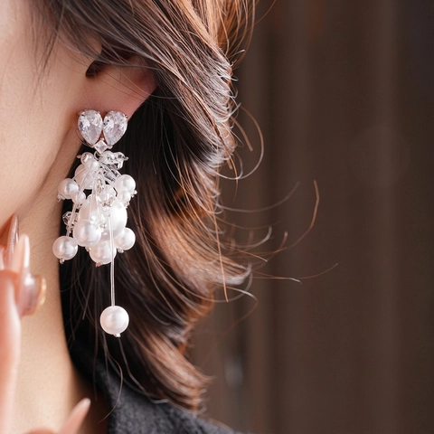 Heart Zircon Tassel Artificial Pearl Earrings With Silver Earring Post French Light Luxury Elegant Fashion Jewelry For Women