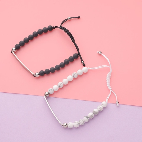 Minimalist Beaded Bracelet With Stainless Steel Bar Matte Agate White Turquoise Adjustable Braided Rope Geometric Jewelry