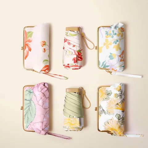 Mini Paraguas Plegable Protección Solar UPF 50 Plus UV Ligero Patrón De Pintura Al Óleo Floral Con Bolsa A Juego