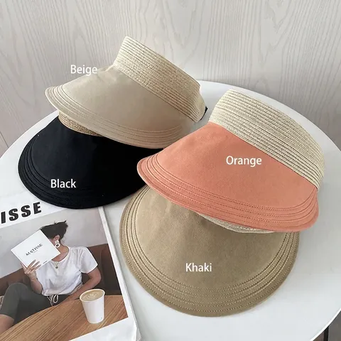 Women Sun Visor Hat Empty Top Straw Cloth Patchwork Large Brim UV Protection Adjustable Summer Breathable Korean Style