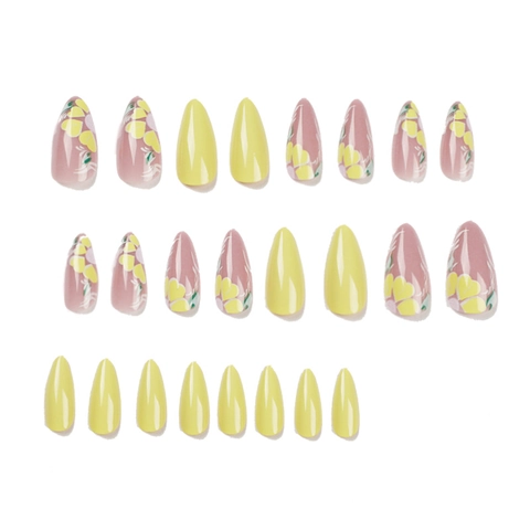 Uñas Postizas A Presión Flores Amarillas Forma Almendra Larga Brillante Uñas Artificiales Para Mujeres Decoración Manicura Estilo Elegante