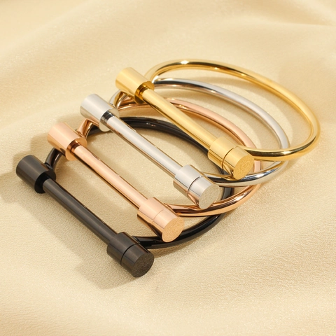 Bracelet Jonc Manille Fer À Cheval Acier Inoxydable Poli Forme De D Fermeture À Vis Bijoux Style Industriel Minimaliste