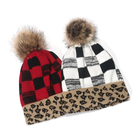 Knit Beanie Hat Acrylic Buffalo Plaid Leopard Trim Warm Winter Outdoor With Pom Pom
