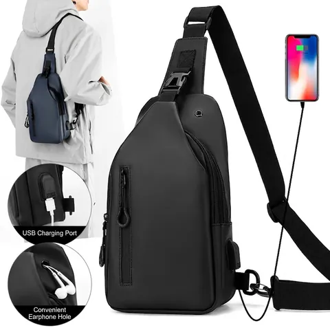 Bolso De Pecho Para Hombre Tela Revestida Impermeable Bandolera Sling Pack Con Puerto De Carga USB Orificio Para Auriculares