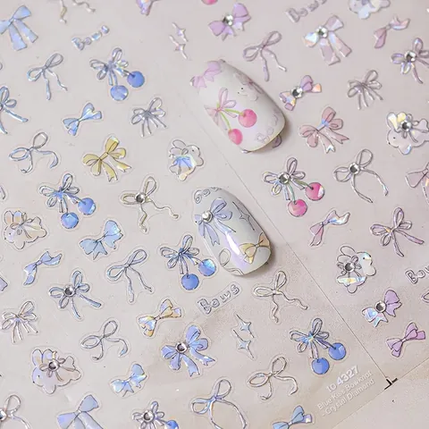 Pegatinas De Arte De Uñas Con Diamantes De Cristal 3D Laser Holográfico Lazo Azul Cereza Estrella Conejo Para Mujeres